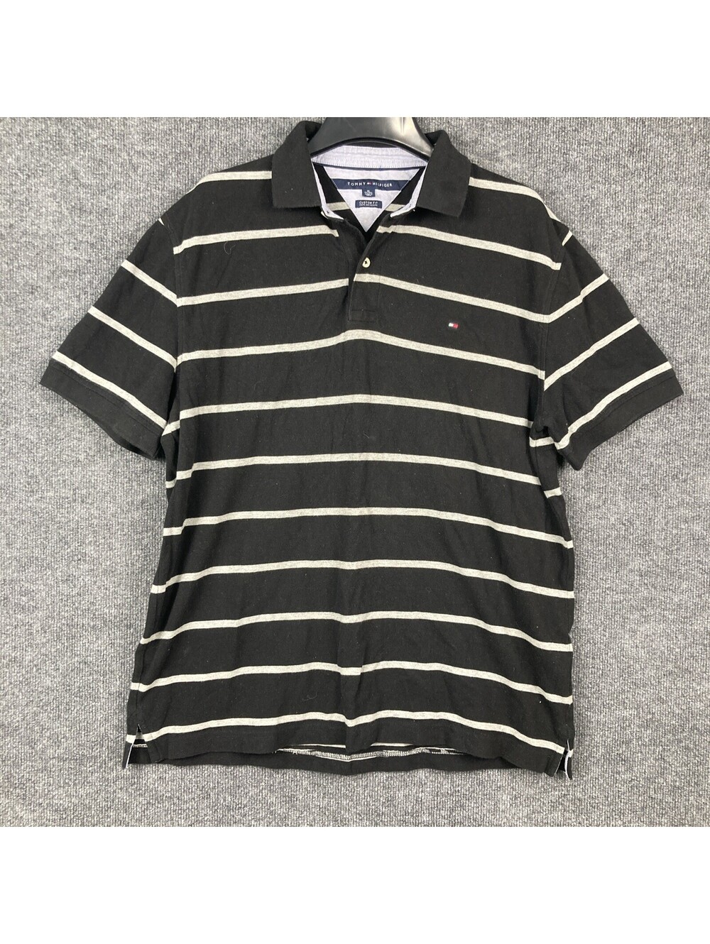 Tommy Hilfiger Mens Size XL Black & Gray Striped Custom Fit S/S Polo Shirt